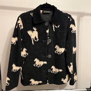 Black and Cream Horse Print Fleece Shirt Jacket